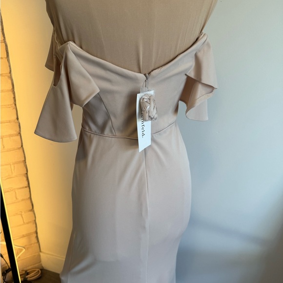 Kleinfeld off shoulder formal dress in dusty beige, neutral color - Picture 12 of 14